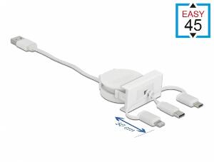 Modul Easy 45 cu cablu retractabil USB-A 2.0 la USB-C/Micro USB/Lightning Alb, Delock 81375