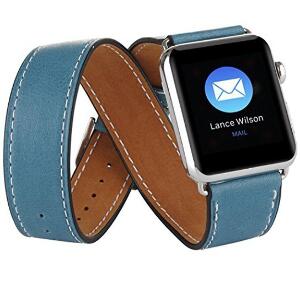 Curea pentru Apple Watch 44mm piele iUni Double Tour Albastru