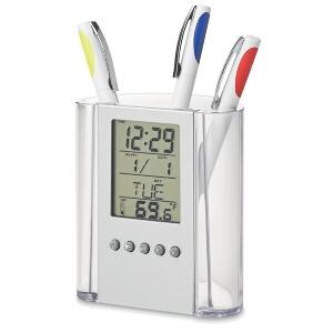 Suport de birou pentru pixuri cu afisaj LCD cu ceas, calendar si termometru