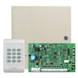 Centrala alarma antiefractie DSC PC 1404 cu tastatura PC1404RKZ si carcasa, 1 partitie, 4-8 zone, 39 utilizatori