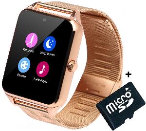 Ceas Smartwatch cu Telefon iUni Z60, Curea Metalica, Touchscreen, Camera, Gold + Card MicroSD 4GB