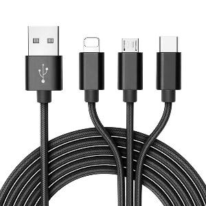 Cablu date si incarcare 3 In 1, USB la Lightning x 2 - USB la MicroUSB, 1.2 M, Negru + Cadou 