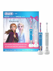 Pachet Periuta de dinti electrica Vitality Kids Frozen II + Periuta de dinti electrica Vitality Sensi Ultra Thin Oral-B 81722639, 2 capete, 7600 rotatii/min, Timer, Albastru