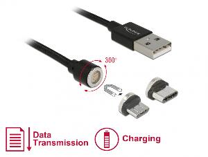 Cablu USB magnetic date + incarcare Micro USB / USB-C 1.1m Negru, Delock 85723