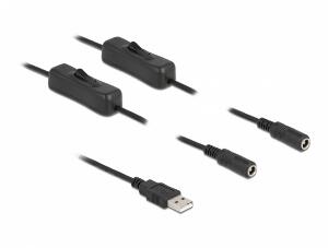 Cablu de alimentare USB-A la 2 x DC 5.5 x 2.1 mm T-M cu switch On/Off 1m, Delock 86797