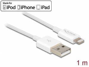 Cablu de date si incarcare iPhone/iPad/iPod Lightning MFI 1m Alb, Delock 83000